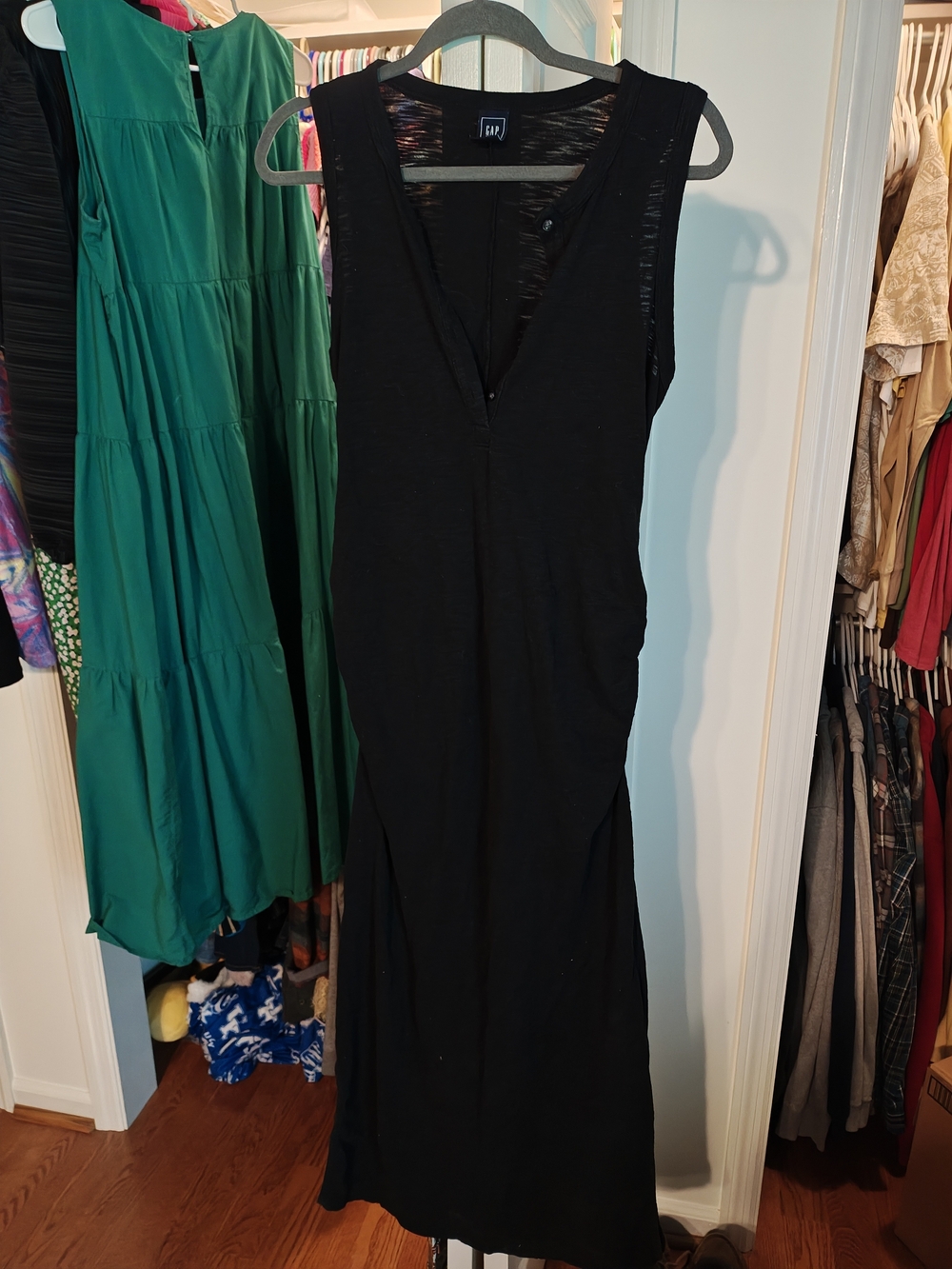 GAP Maternity, Black Sleeveless V-Neck Maxi Dress with Subtle Sheer Back